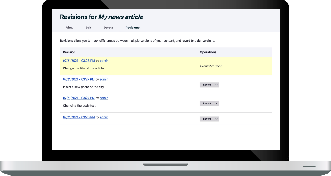 omniweb screen showing article revisions