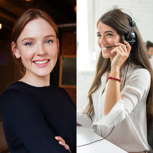 woman smiling split screen with a salesperson smiling